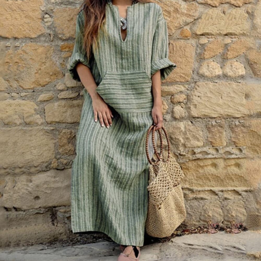 綿 リネン ストライプ柄 ワンピース ロング ロング丈 マキシ マキシ丈 アンクル丈 袖あり 7分袖 七分袖 Vネック 襟なし ポケット 麻 カジュアル 大人 おしゃれ お洒落 大人女子 こなれ感 5,206円