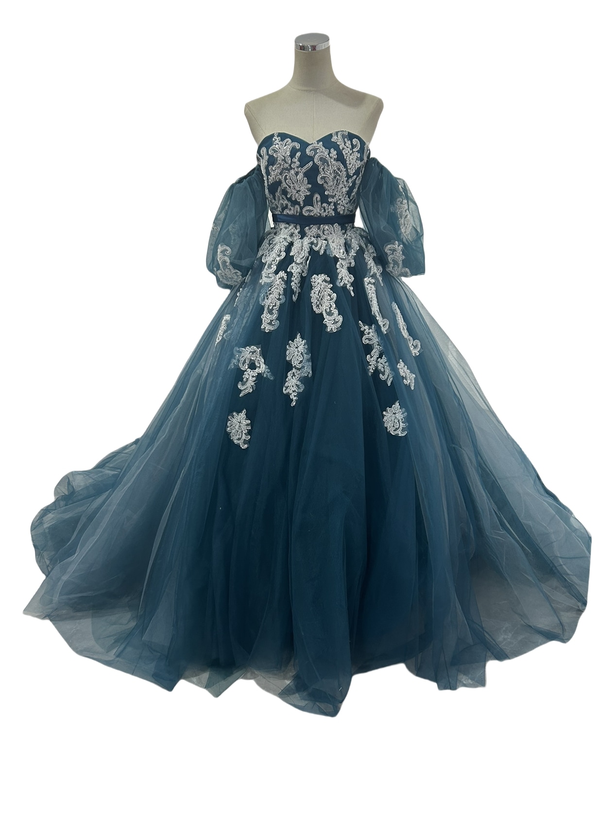 美品！カラードレス ジュエルブルー ベアトップ キラキラ光る刺繍 パフスリーブ 前撮り 編み上げ