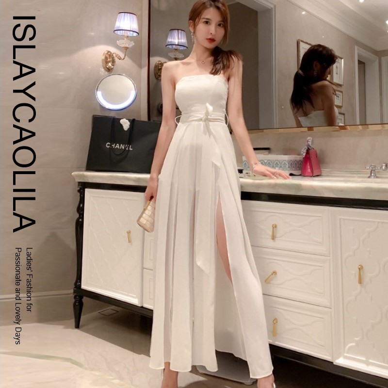 ロング ワンピース ベアトップ フレア マキシ イブニングドレス オフショルダー ノースリーブ ウエストマーク レディース