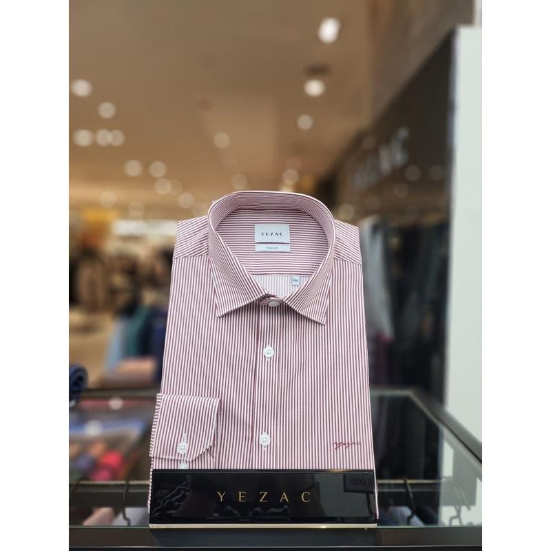 AK平沢店シャツ コットン混紡ストレッチ ピンストライプ スリムフィットシャツ ワイン