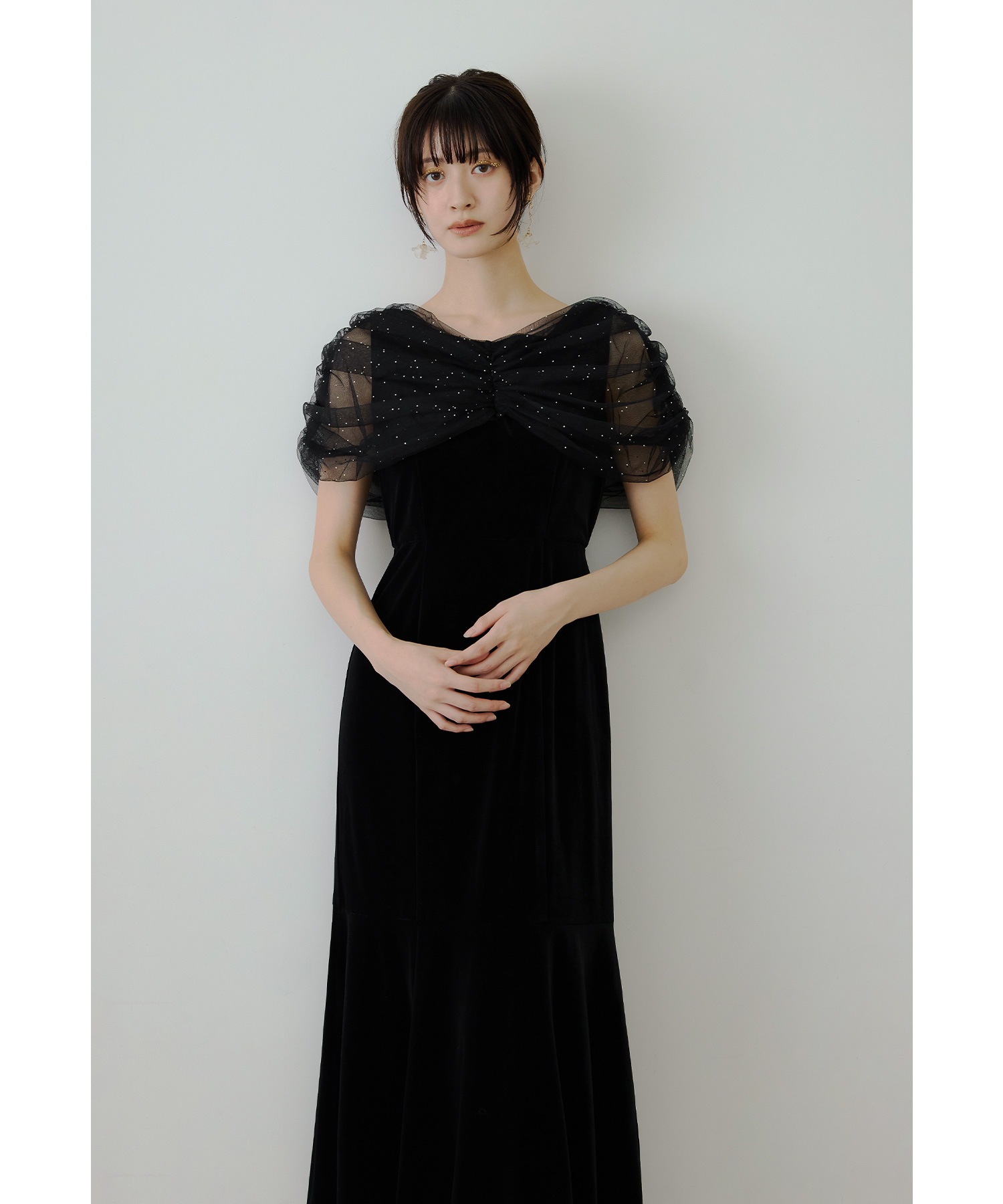 ラインストーンチュールオフショルベロアドレス パーティードレス 結婚式 ワンピース マーメイド ロング丈 袖あり 半袖 無地 お呼ばれ パーティー 二次会 披露宴 謝恩会 成人式 同窓会 卒業式