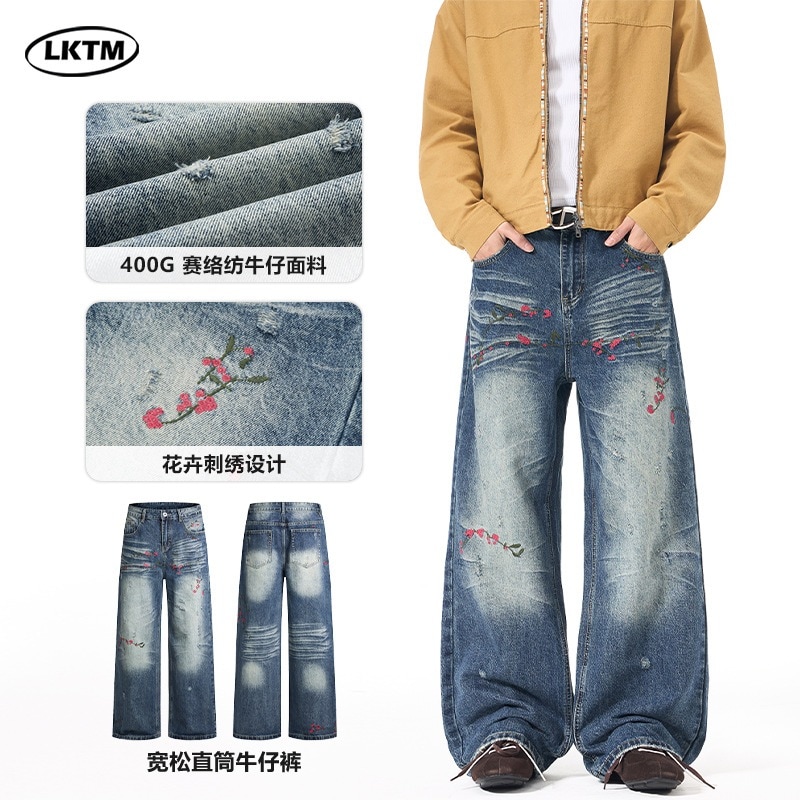 アメリカン レトロ フラワー 刺繍 ジーンズ 男女兼用 ブランド 個性的 ストレート ロングパンツ