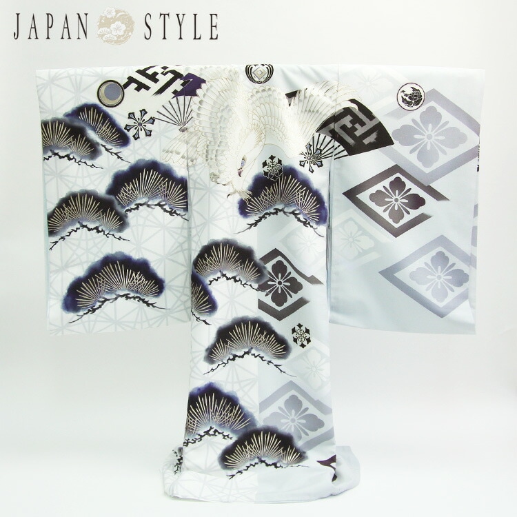 レンタルJAPAN STYLE 日本製 お宮参り 男の子 着物 レンタル 白グレーの染め分けに鷹と兜 お宮参り レンタル 衣装 男児 祝着 初着 産着 レンタル衣装