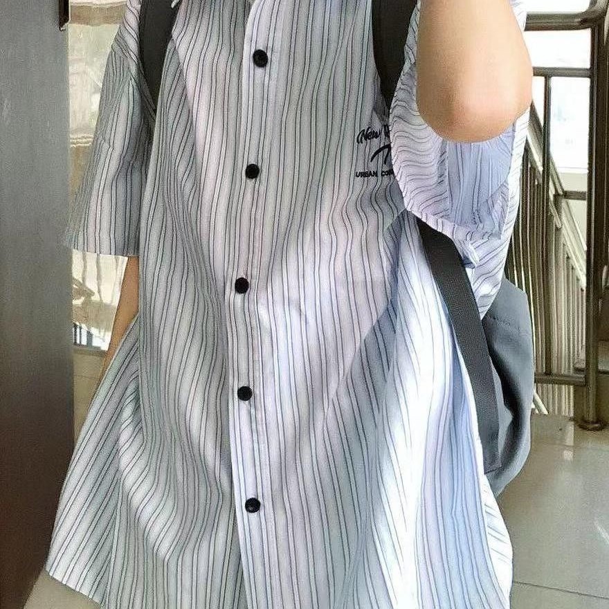 青 ストライプ シャツ 半袖 レディース ゆったり カジュアル 細見え 小柄 シャツ ins 薄手 春夏 トップス123