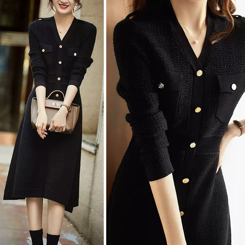 Vネック ニットワンピース レディース 膝下 長袖 スリム きれいめ シンプル 上品 おしゃれ エレガント 無地 春 秋 謝恩会 発表会 オフィス 通勤 お出かけ S M L XL ブラック