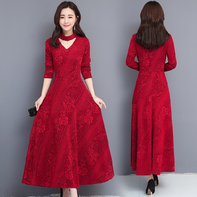 女装長袖のセレブ気質贵夫人の高贵の高い膝下丈ワンピースキャリア太女