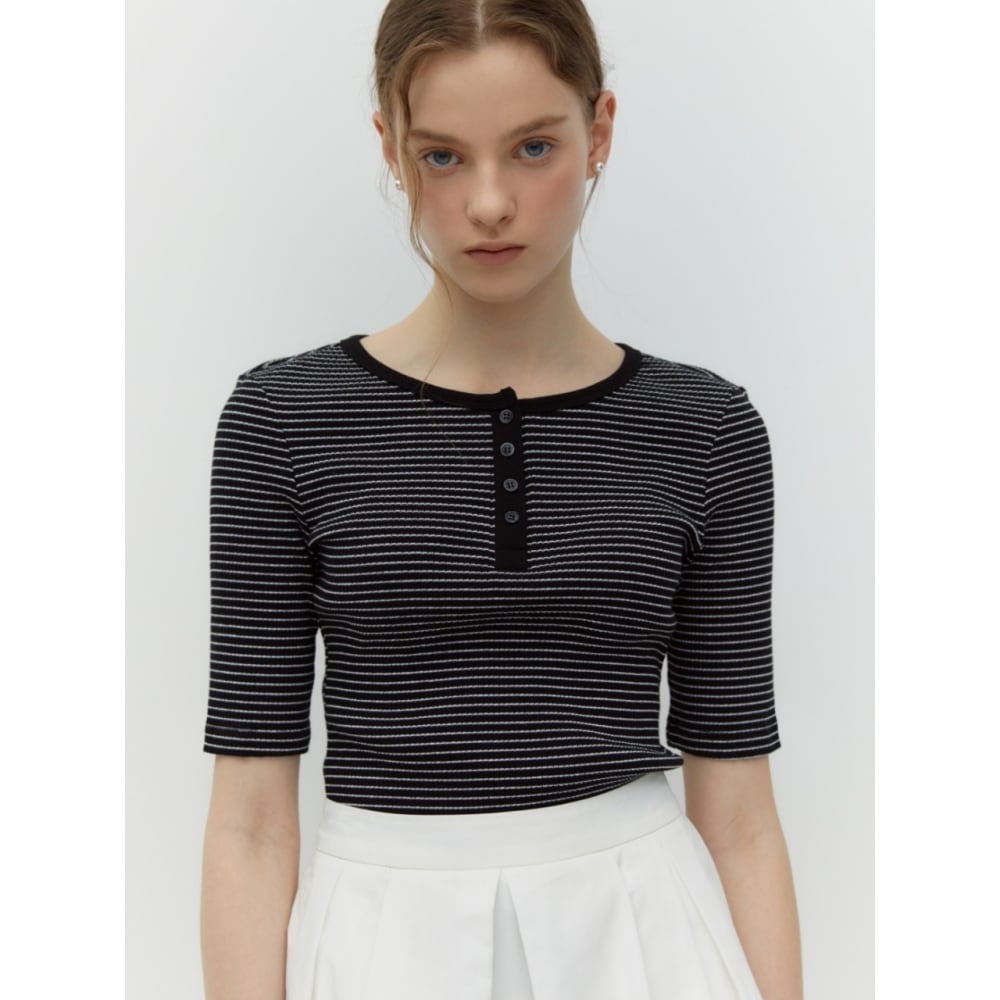 DEPOUND ストライプヘンリーネック t シャツブラックストライプ