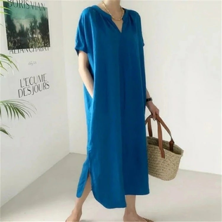 【超人気商品】リネン リネン混 ワンピース きれいめ カジュアル 袖あり キーネック ミモレ丈 綿麻 おしゃれ レディース 大人 可愛い 半袖 フェミニン ワンピ ドレス ナチュラル リラックス 体型