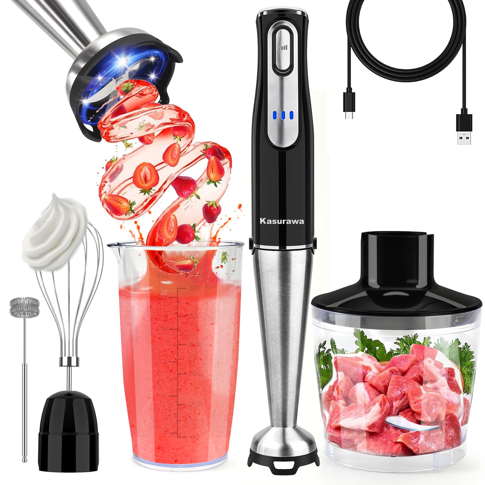 Kasurawa ハンドブレンダー 場所を選ばず使えて便利 コードレスハンドブレンダー 充電式 ブレンダー 無段階変速 1台7役 ミキサー フードプロセッサー 泡立て器のまとめ 調理器具 7,825円