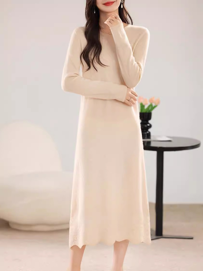 ニット韓国風レディースニーハイルーズボトム新スタイルロングウールインナーラウンドネックワンピース