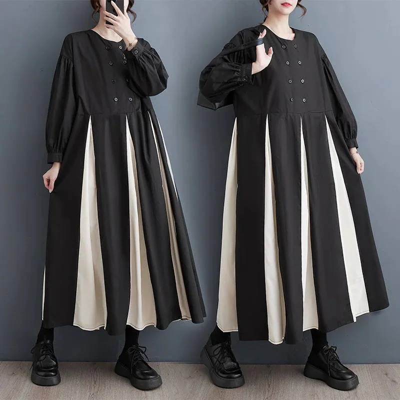 新作 春のワンピース 黑白コントラストカラー ワンピース ゆったり 着痩せ 大きいサイズ ワンピース 気質 ロングワンピース