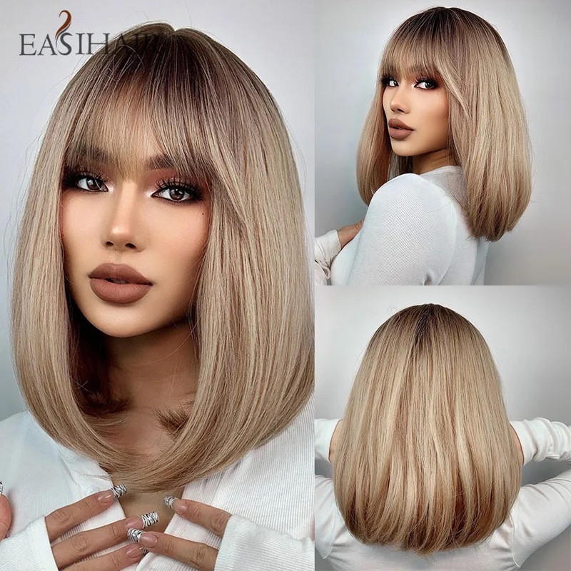 理想的な女性のためのショートストレートボブウィッグ合成ウィッグ,ヘアピース,ゴールドブラウン,ブラウン,ナチュラル,合成,耐熱ウィッグ