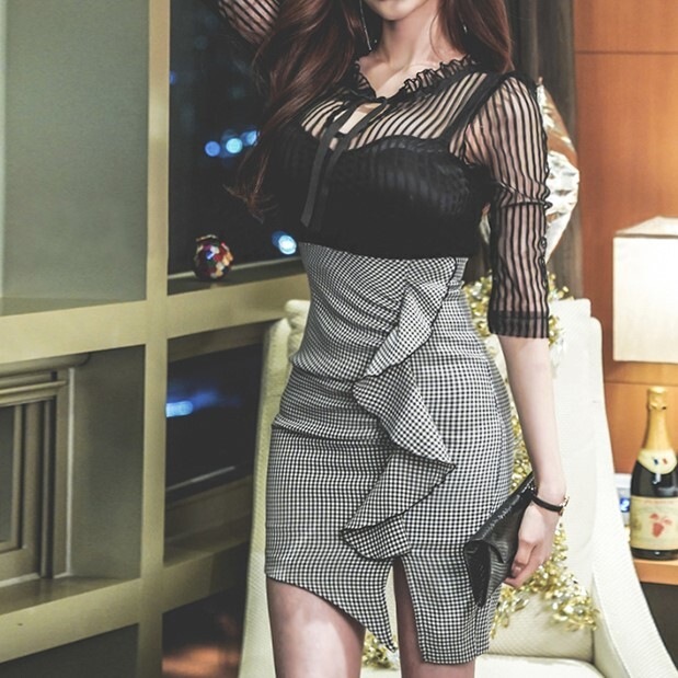 ツーピース ワンピース ドレス シースルー チェック タイトスカート フリル リボン ショート丈 春