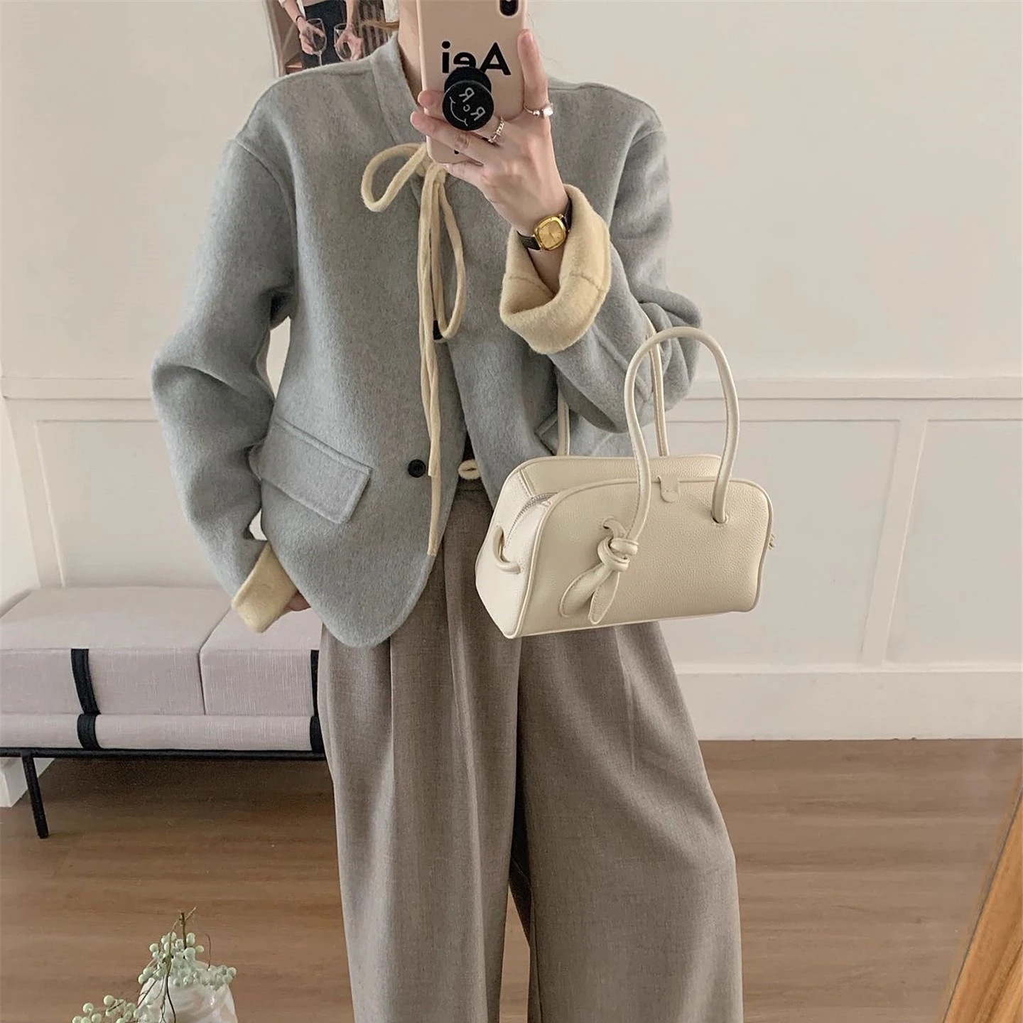 ローピット ショート丈 ネックベルト付き 両面ウールコート レディース ストレート 毛ニットジャケット 両面カシミア