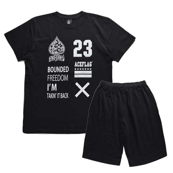 ACE FLAG 上下セット 半袖 ブランド Tシャツ ハーフパンツ メンズ 春夏用 黒 大きいサイズ エースフラッグ セットアップ シンプル 2Pac THUG