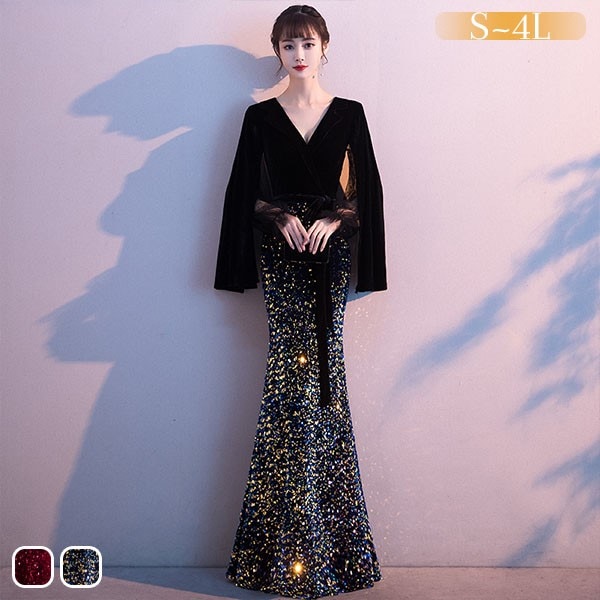ドレス 大人 ピアノ 発表会 ロングドレス マーメイドライン 演奏会 結婚式 母親 ピアノ発表会 黒 袖付き キラキラ ワンピース 長袖 演奏会ドレス 演奏会用ドレス パーティードレス イブニングドレ