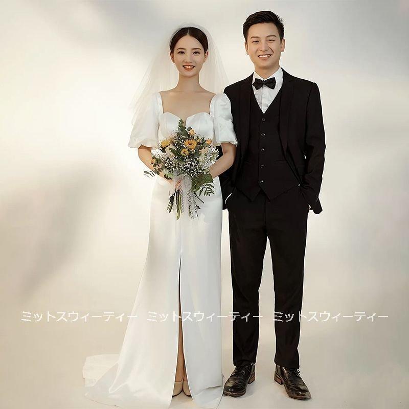 韓国ファッションフォトウェディング ブライダル リゾート 結婚式 シンプル 二次会 ウェディングドレス スリット 披露宴 ロングドレス パーティードレス 花嫁 ウエディングドレス