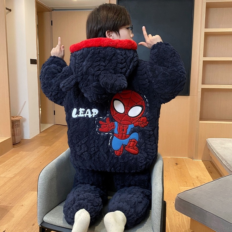 子供用珊瑚絨毯パジャマ男の子スパイダーマン冬の厚手三重綿挟み大童男子部屋着セット