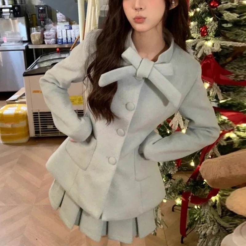 お嬢様風 ツイードセットアップ 春秋 リボン ハイウエストプリーツスカート