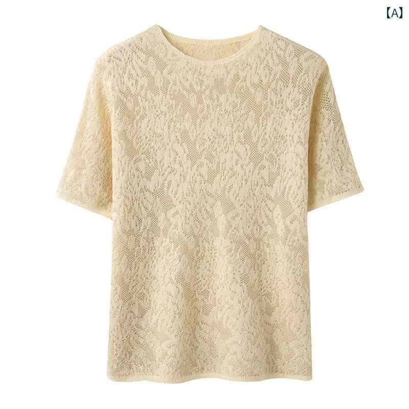 レディース ファッション トップス シンプル おしゃれ レディース ファッション トップス フレンチ 　かぎ針 編み ニット 半袖 Tシャツ ラウンドネック ジャカード シック Tシャツ