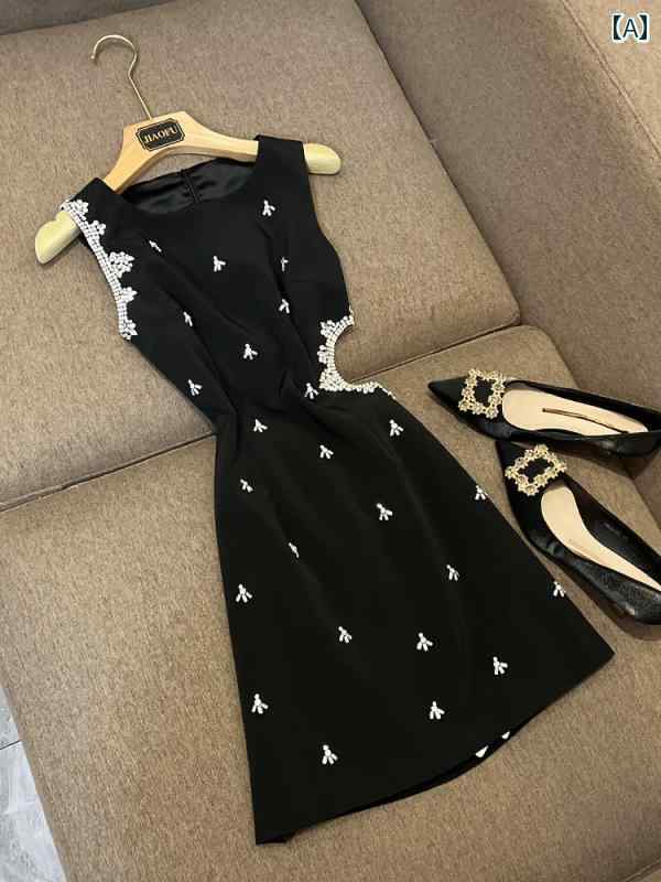 ドレス　パーティー　レディース ヘビー ラインストーン 高級 リトル ブラック ドレス フレンチディナー ノースリーブベスト 女性 7325