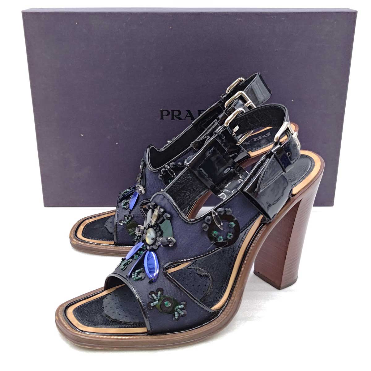 【中古】プラダ ビジュー ハイヒール ミュール サンダル アンクルストラップ サイズ37 レディース PRADA