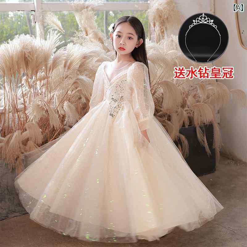 キッズ ドレス ガール ロングドレス シアー 長袖 ピアノ 演奏 発表会 衣装 ゴージャス ドレス 春秋 チュチュ チュール ふんわり ボリューム スカート 子供 プリンセス お姫様 パーティ キラキ 5,201円
