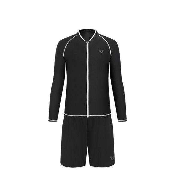 男性用ビーチ ウェービー レギュラーフィット ジップアップ ラッシュガード セット 水着(A6BM1PC01)BLK