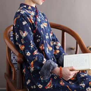 20105喜墨オリジナル綿麻女装ゆるい国風コーデュロイ綿衣秋冬加毛盤ボタンワンピース