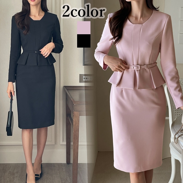 ワンピース 結婚式 長袖 秋冬 ぺプラム ベルトセット ママコーデ