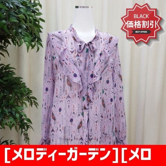 [メロディーガーデン][メロディーガーデン]幾何学的パターンやフリルシフォンリボンブラウスM8S2B18バイオレット /プリントシャツ/ブラウス/ 韓国フ㠼/td