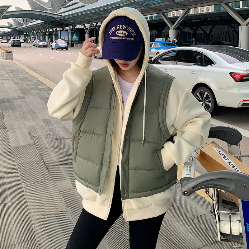 フェイクツーピーススプライシングダウンジャケットベスト女性用ショートアウターウェア2024秋冬ルーズスウェットシャツフード付き
