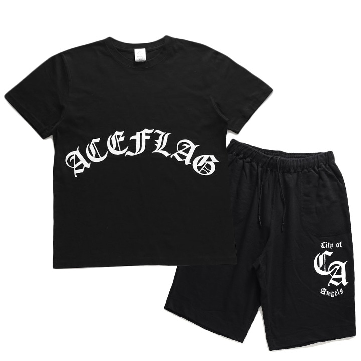 ACE FLAG 上下セット 半袖 ブランド Tシャツ ハーフパンツ 上下 メンズ 春夏用 黒 大きいサイズ エースフラッグ セットアップ ゆったり パンツ 大麻