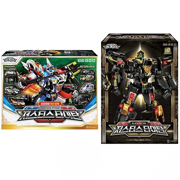 ミニ特攻隊/最強警察/五段合体/ジャスティスタイタン/ノーマル + ブラックエディション/2種ロボットセット/限定版/大型サイズ/変身ロボット/合体/JusticeTitan/正品