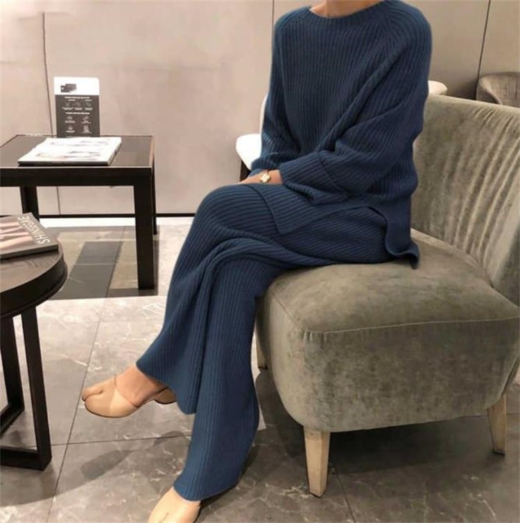 韓国ファッション 大人気 ニットトップス スリム 2点セット ラウンドネック ロングパンツ 怠惰な風