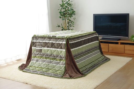 イケヒコ こたつハイタイプ用掛けふとん 長方形 ニードル 約235×275CM グリーン ボーダー #6823189