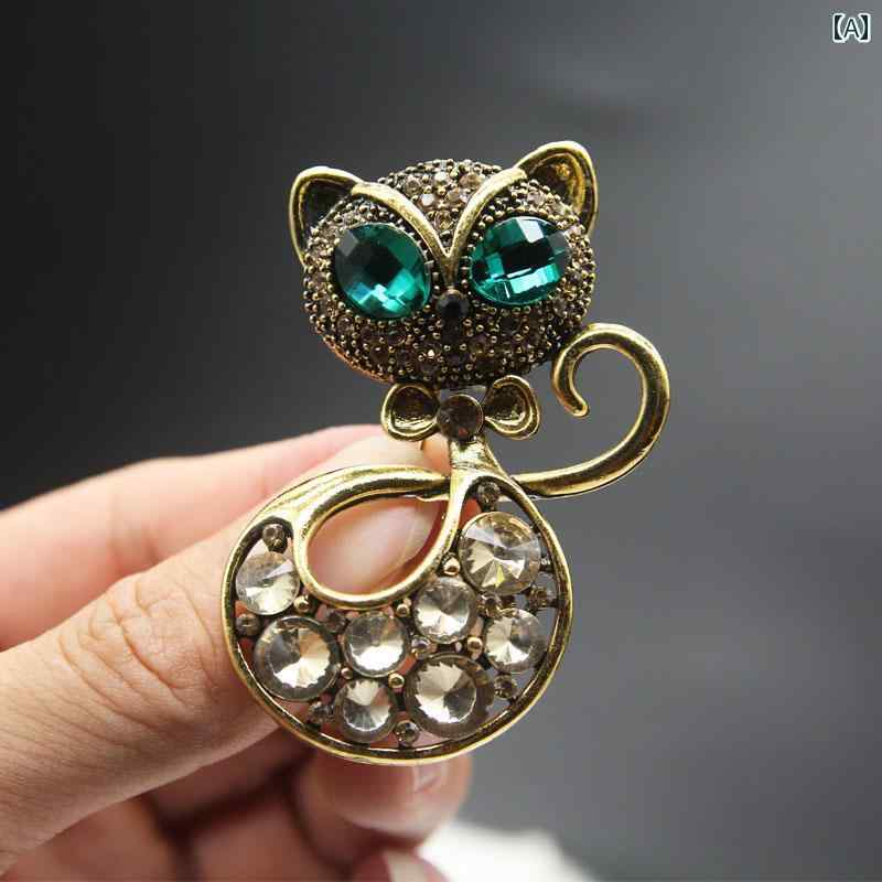 ブローチ レディース 大人 かわいい 襟ピン 胸飾り レトロ アンティークゴールド 猫 セクシー アンティーク 緑目 子猫 メンズ レディース スーツ ジャケット コサージュ アクセサリー ギフト