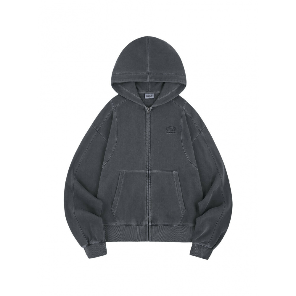 ODD STUDIO ピグメントカバーステッチフードジップアップチャコール