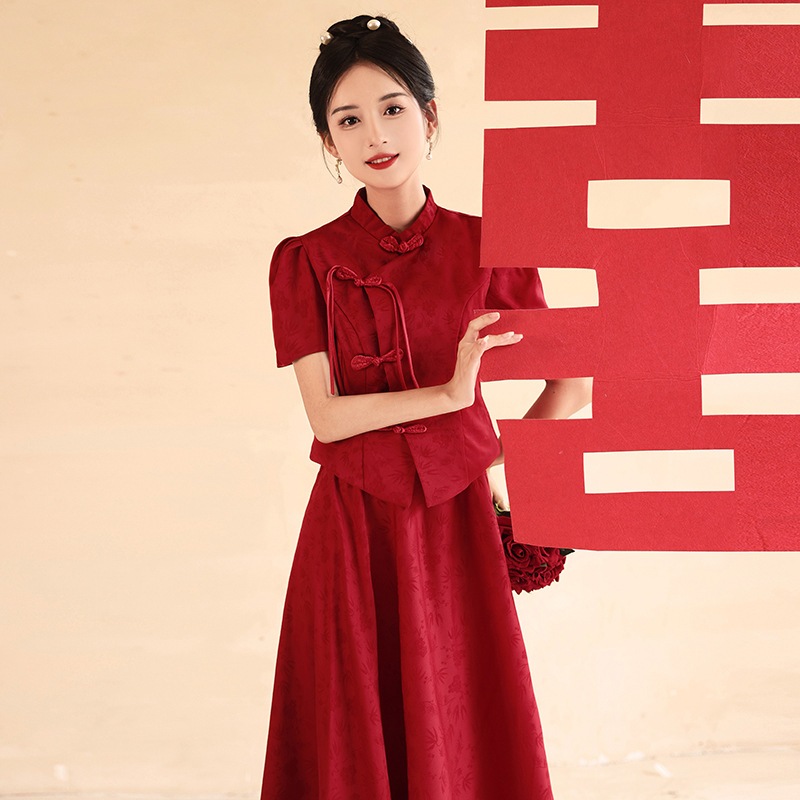 新しい中国風チャイナドレス乾杯スーツ花嫁赤いウェディングドレスツーピーススーツバックドアドレス婚約ドレススカート
