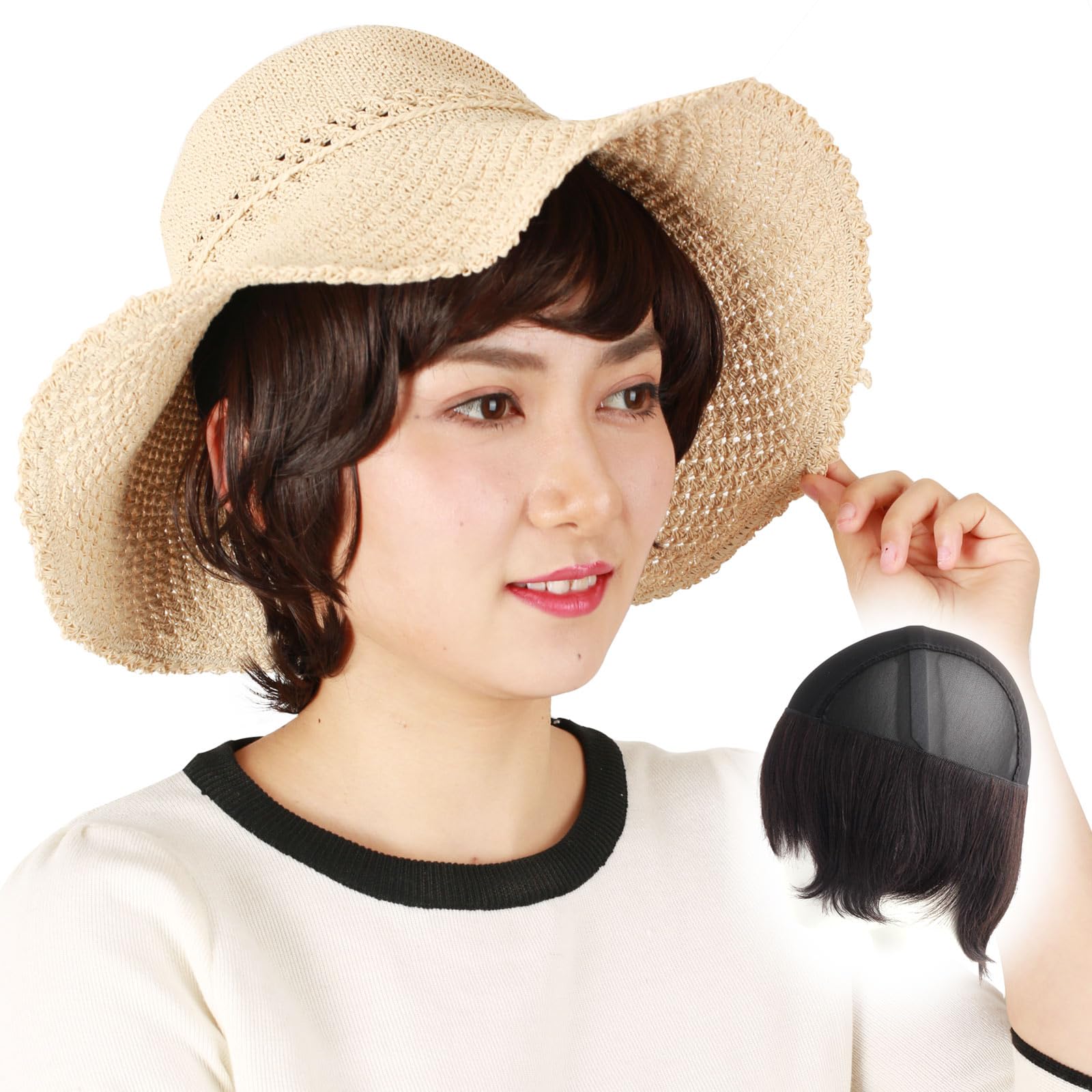 (私元気)人毛付きインナーキャップ インナーウィッグ 医療用 帽子用ウィッグ ショート 毛付き キャップウィッグ 髪付き帽子 帽子ウィッグ 肌に優しい WIGNETHA (BL 自然黒 Lサイズ)