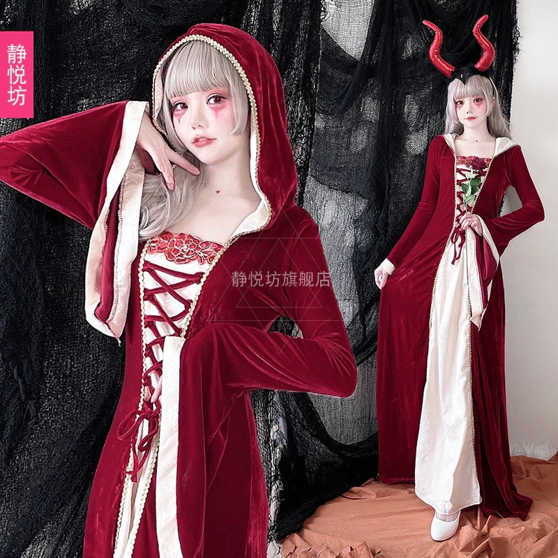 ハロウィン大人用コスチューム女性魔女ゾンビ吸血鬼赤ロングドレス女王女王ステージパーティー悪魔コスチューム