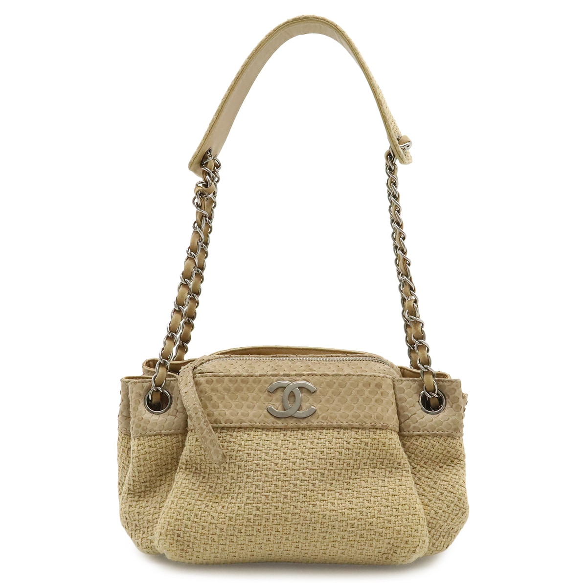 ココマーク パイソン チェーンショルダー ショルダーバッグ キャンバス レザー ライトブラウン ベージュ シルバー金