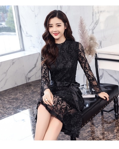 1308．レースフィッシュテールドレス（ブラック）　パーティドレス 結婚式 二次会 お呼ばれ 大人 かわいい