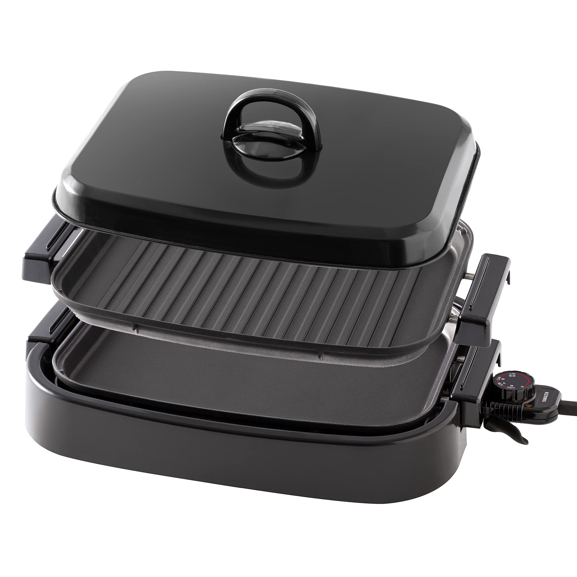 [山善] ホットプレート 2WAY (平面プレート/波形プレート) 着脱式 ワンタッチ操作 蓋付き フッ素コーティング ブラック EDH-W1300(B)