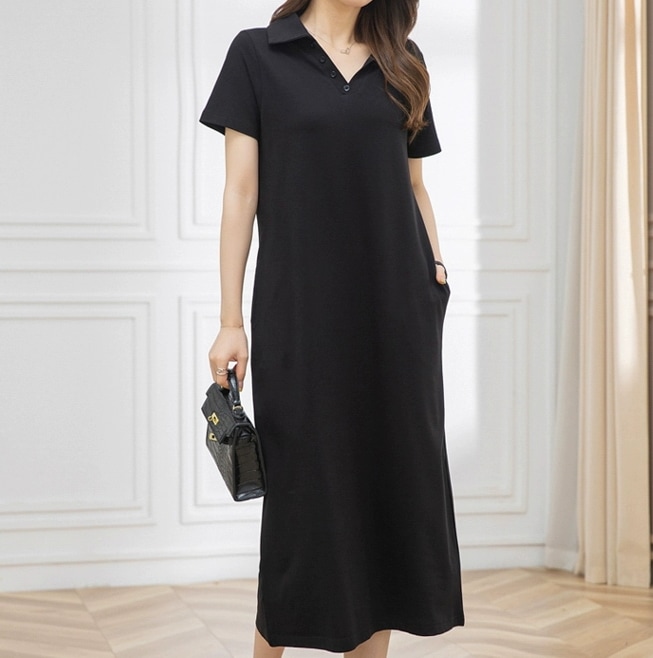ワンピース ポロシャツ Iライン ミニ丈 ショート丈 半袖 襟付き 角襟 スリム タイト ストレート スマート ポケット 伸縮性 大人可愛い シンプル カジュアル 大人 おしゃれ こなれ感 ラフ