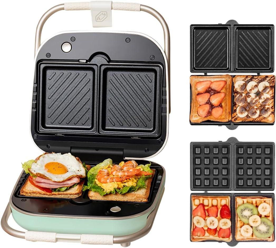 ホットサンドメーカー 耳まで焼ける 電気 ワッフルメーカー 着脱式 コンパクト マルチサンドイッチ 厚焼 ダブル 両面 プレート２種類 ホットサンドマシン ワッフルプレート付き 丸洗い お手入れ簡単