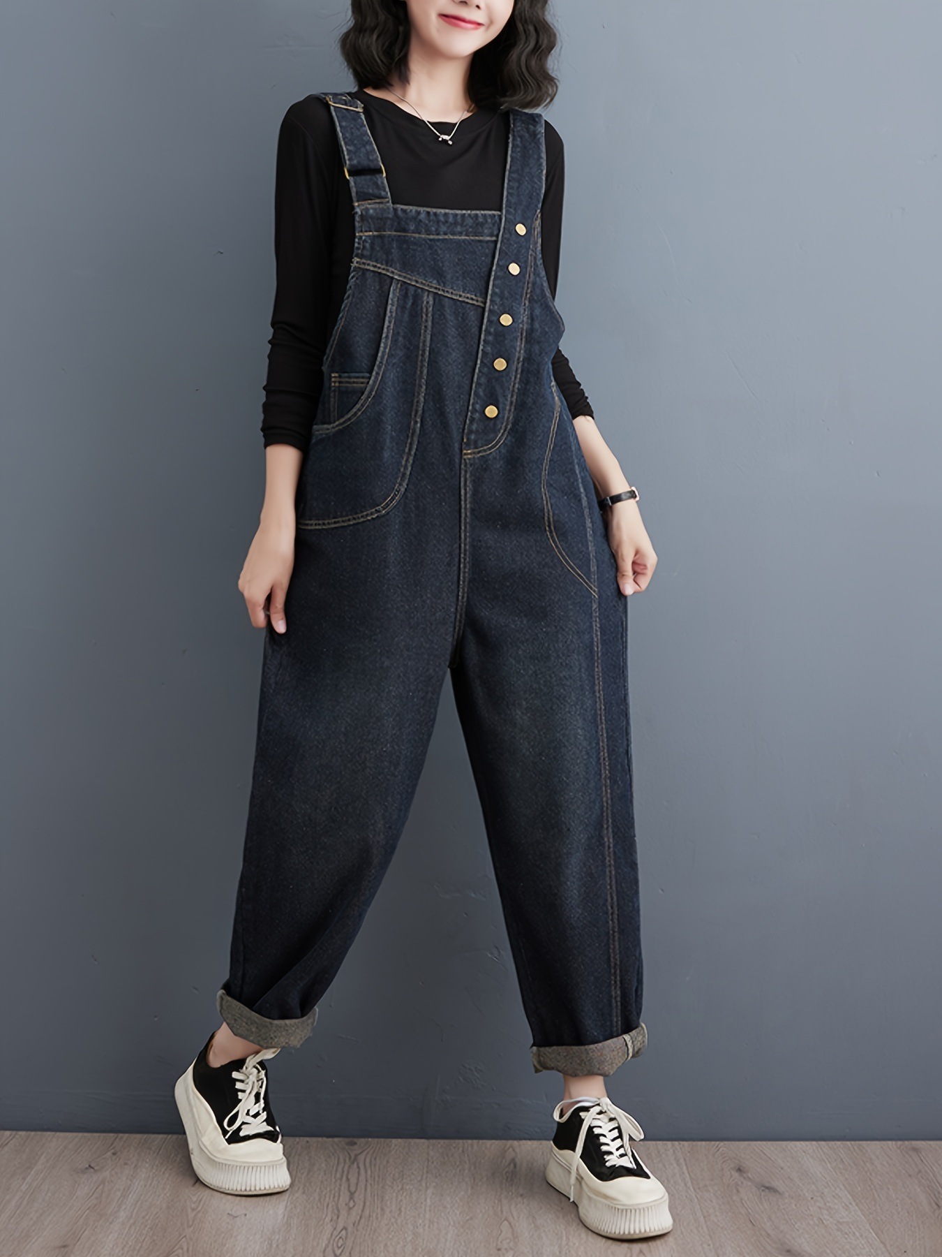 シンプルダークウォッシュブルーデニムオーバーオール女性用調節可能