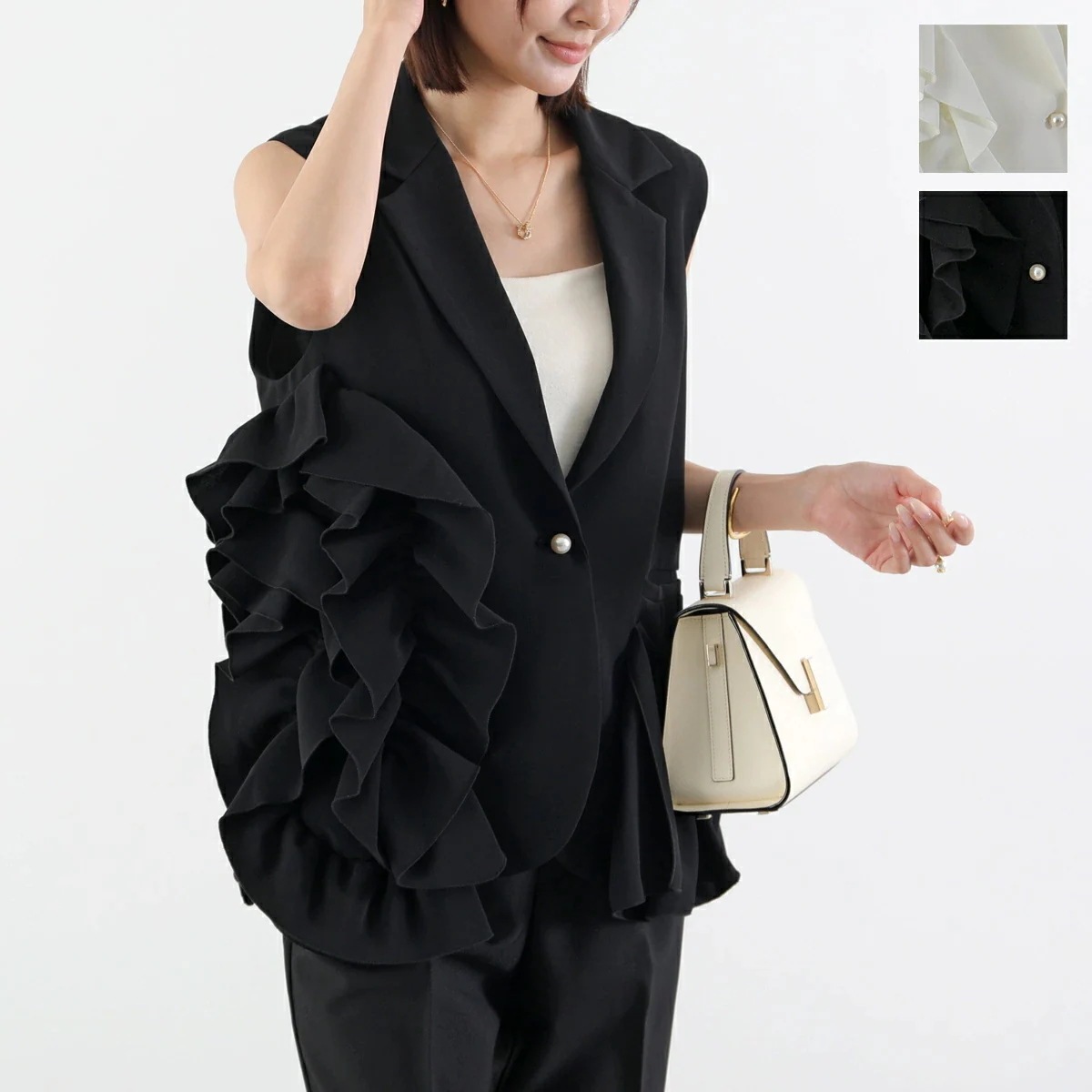 PICCIN ピッチン ベスト 907040 レディース アシンメトリー フリル ジレ ノースリーブ カラー2色