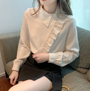 フリルブラウス 襟付き ゆる トップス ブラウス レギュラー丈 長袖 角襟 スリム タイト 細身 ストレート スマート シフォン フリル 前開き シースルー 薄手 かわいい 大人可愛い きれいめ