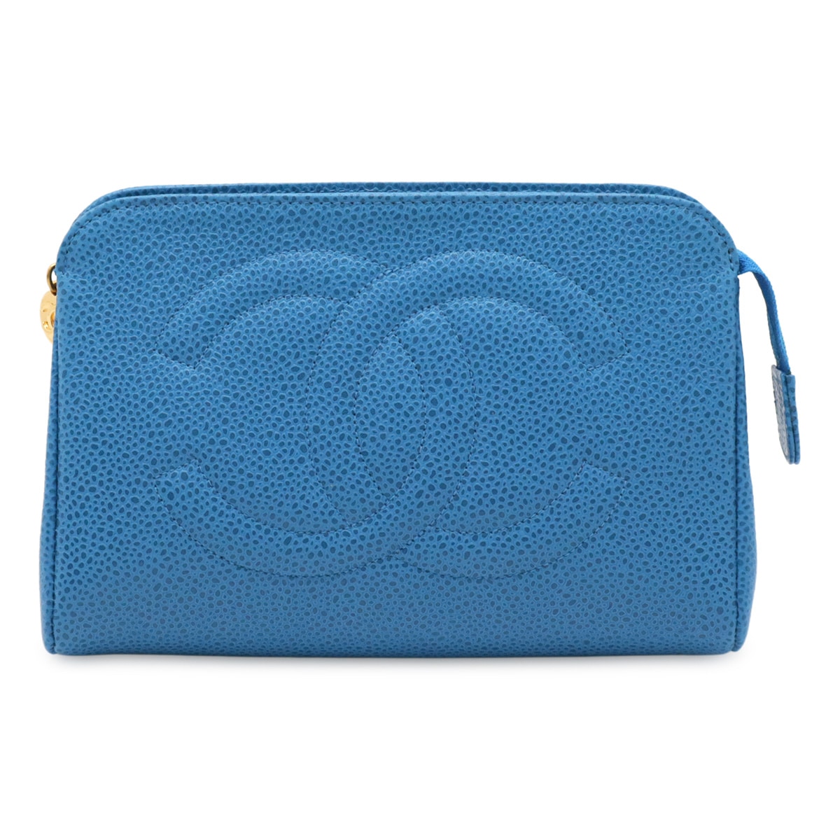 ココマーク 化粧ポーチ コスメポーチ マルチポーチ 小物入れ キャビアスキン レザー ブルー 青 ゴールド金